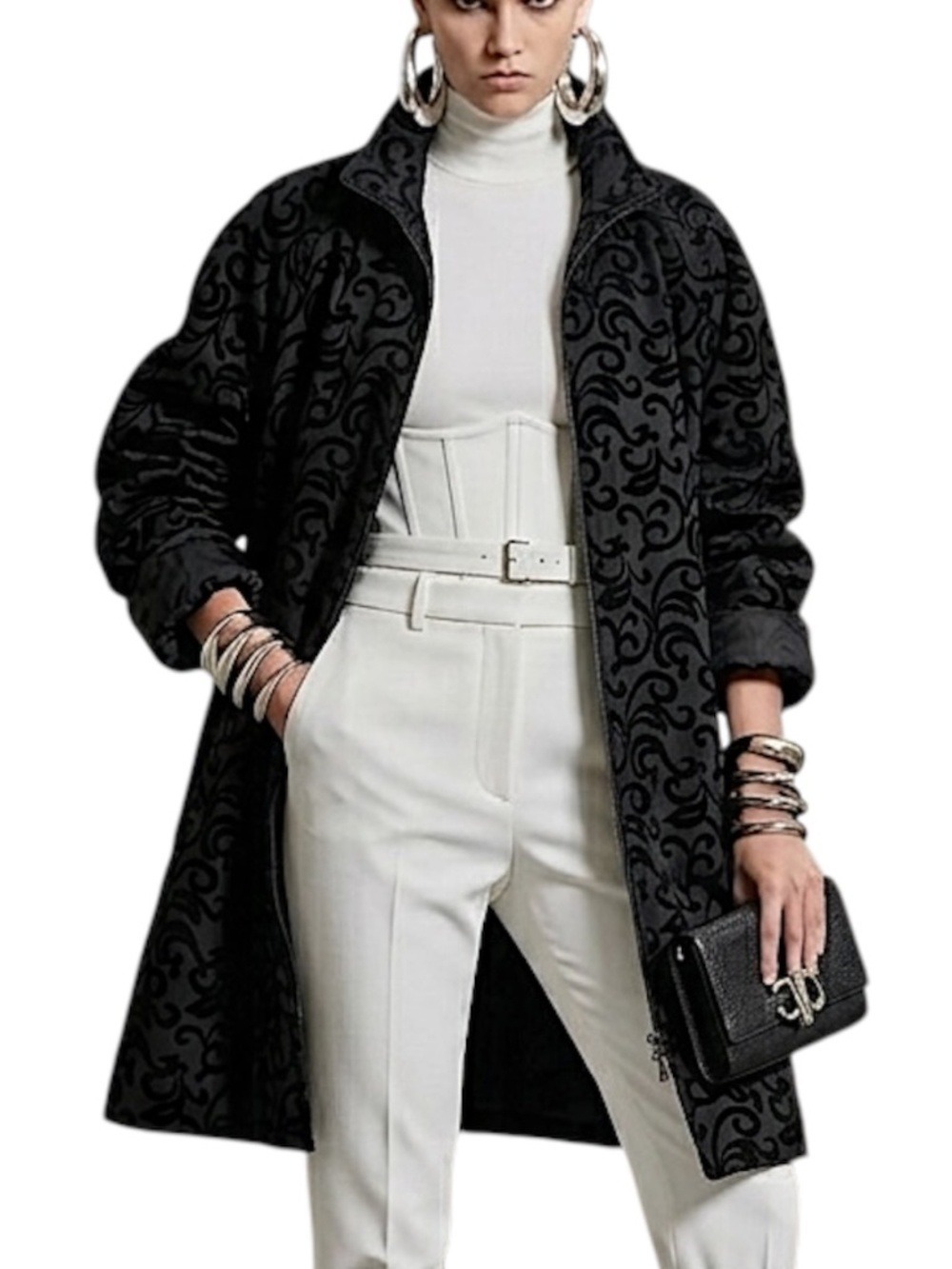 VTG Sackables reversible black velvet damask high neck boxy oversized car coat M